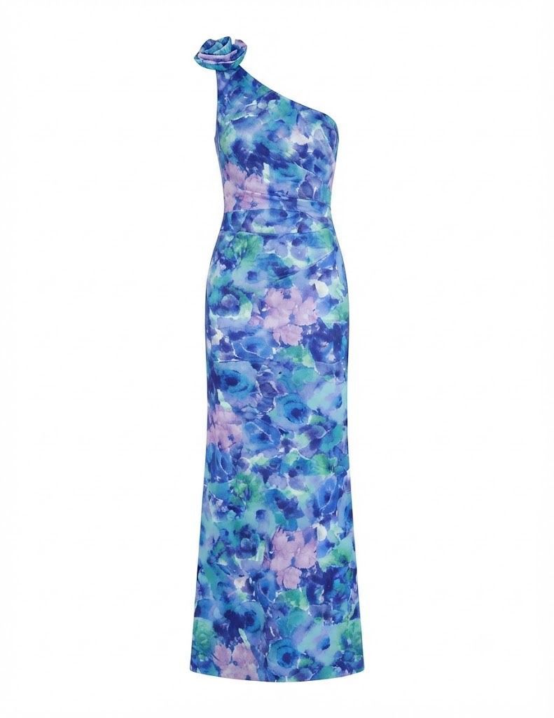 Eliza J Printed Rosette Asymmetric One-Shoulder Gown Floral Blue 8